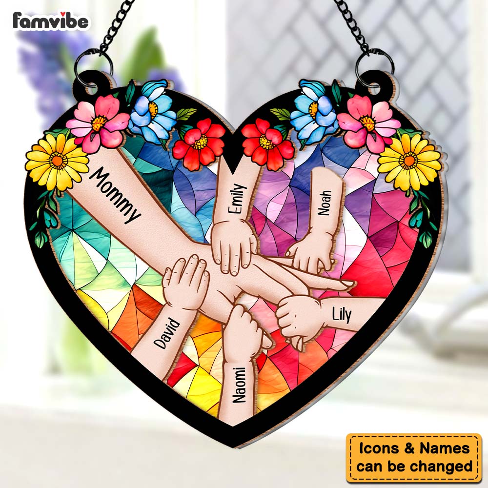 Personalized Gifts For Mom Kids Holding Mom Hand Acrylic Mix Wood Suncatcher Ornament 33008 Primary Mockup