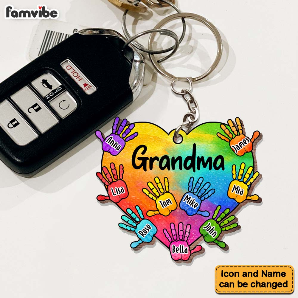 Personalized Grandma Heart Handprints With Kids Names Wood Keychain 22893 Primary Mockup
