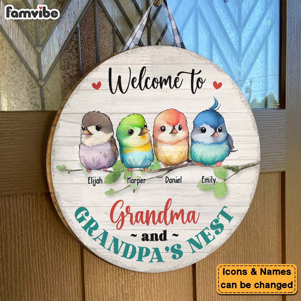 Personalized Welcome To Grandma & Grandpa's Nest Round Wood Sign 25384 Primary Mockup