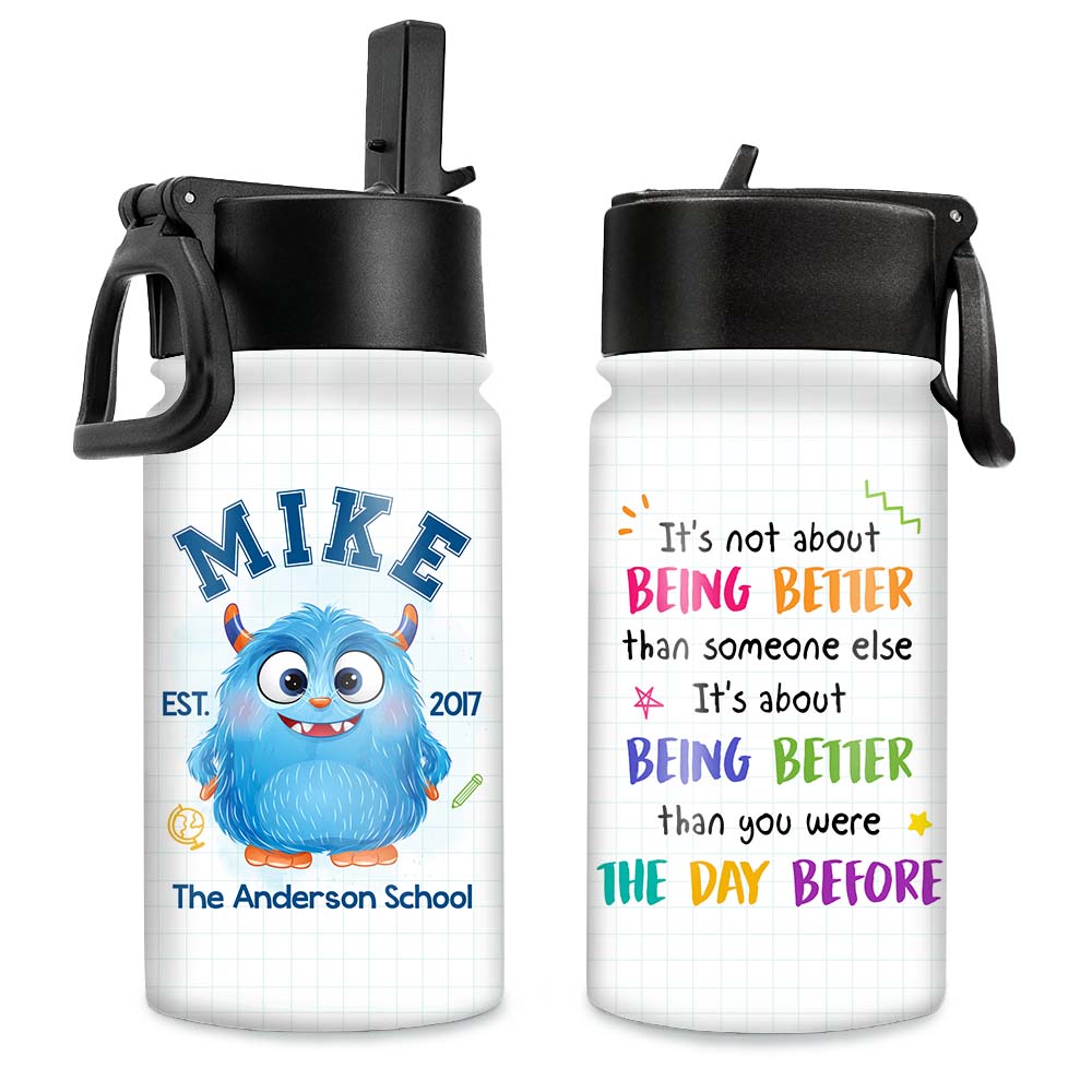 Personalized Gift For Grandson Granddaughter Monster School Kids Water Bottle With Straw Lid 25757 Primary Mockup