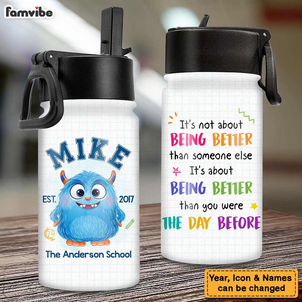 Personalized Gift For Grandson Granddaughter Monster School Kids Water Bottle With Straw Lid 25757 Primary Mockup