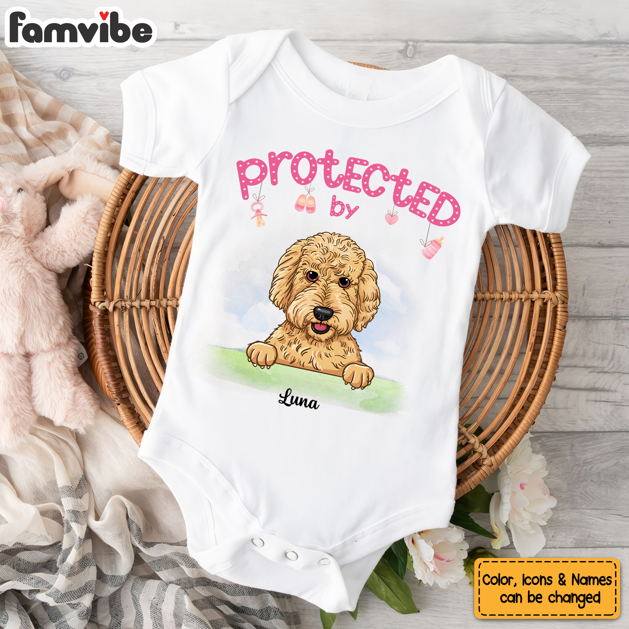 Personalized Gift For Newborn Baby Shower Protected By Dog Baby Onesie 27319 Primary Mockup