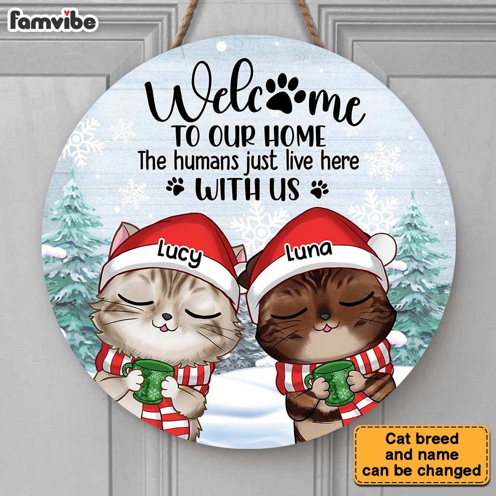Personalized Gift For Cat Lover Welcome Fall Christmas Round Wood Sign 28317 Primary Mockup