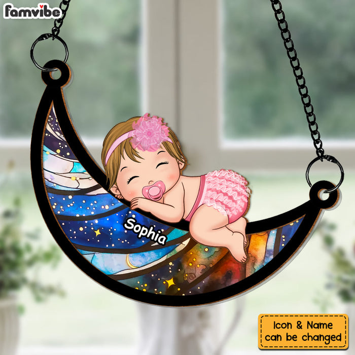 Personalized Baby Sleeping On The Moon Acrylic Mix Wood Suncatcher Ornament 34108 1
