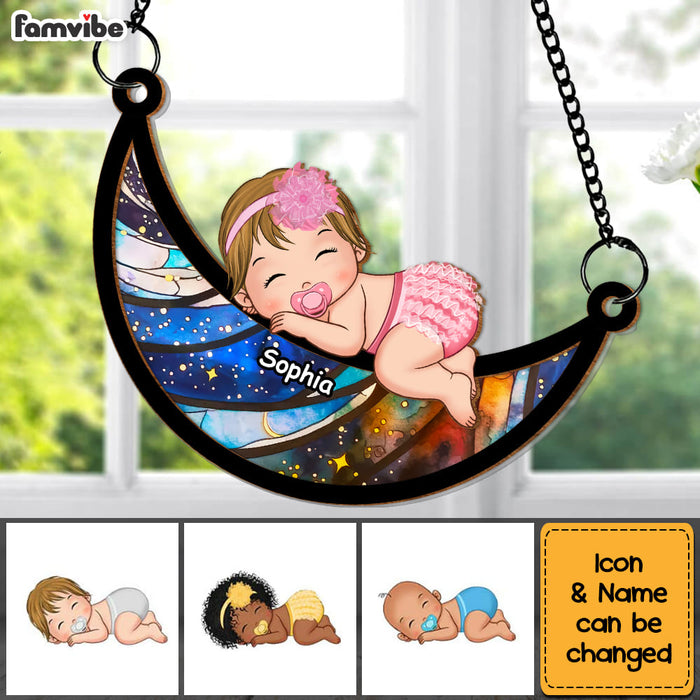 Personalized Baby Sleeping On The Moon Acrylic Mix Wood Suncatcher Ornament 34108 1