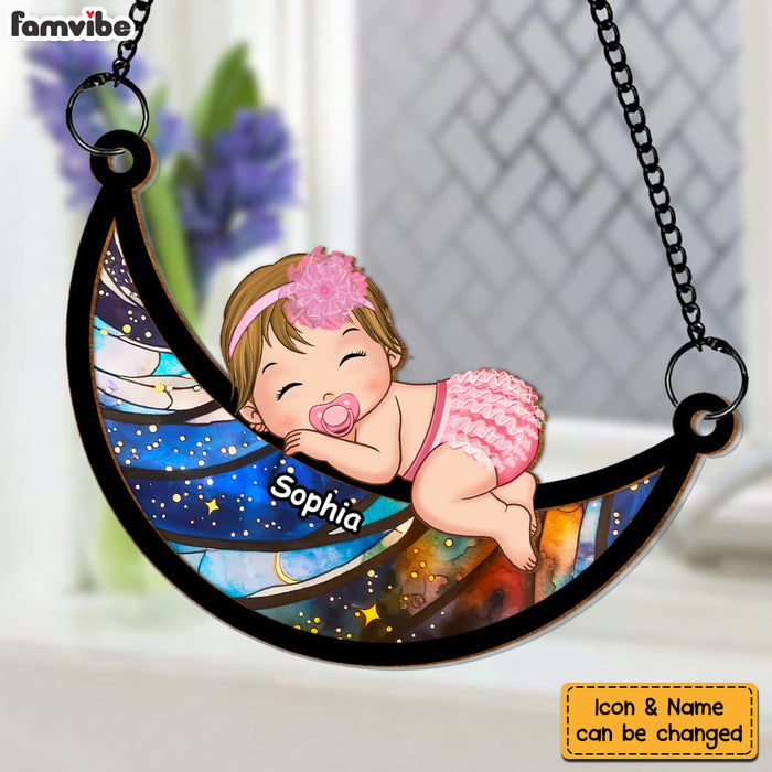 Personalized Baby Sleeping On The Moon Acrylic Mix Wood Suncatcher Ornament 34108 1