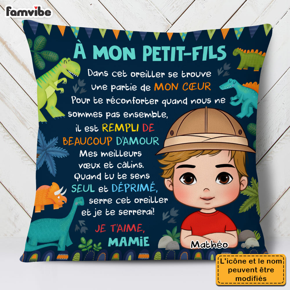 Personalized French Gift For Grandson À Mon Petit-Fils Dinosaur Theme Kid Pillow 30725