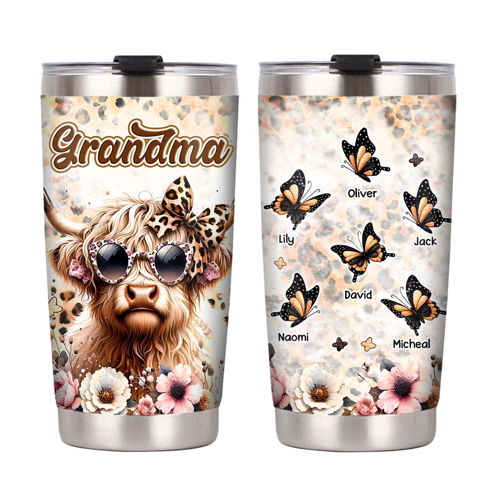 Personalized Gift For Grandma Highland Cow Cleopard Steel Tumbler 32626 Primary Mockup