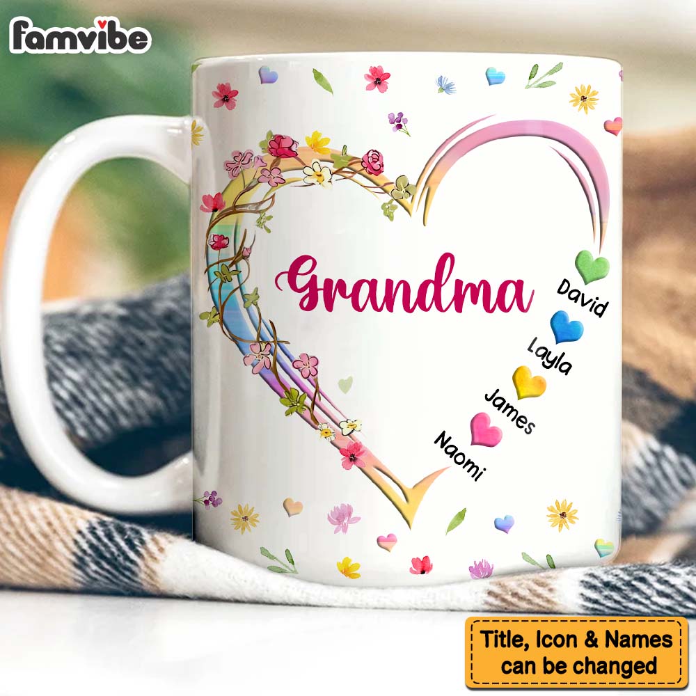Personalized Gift For Grandma Mom Kids Heart Floral Mug 32906 Primary Mockup