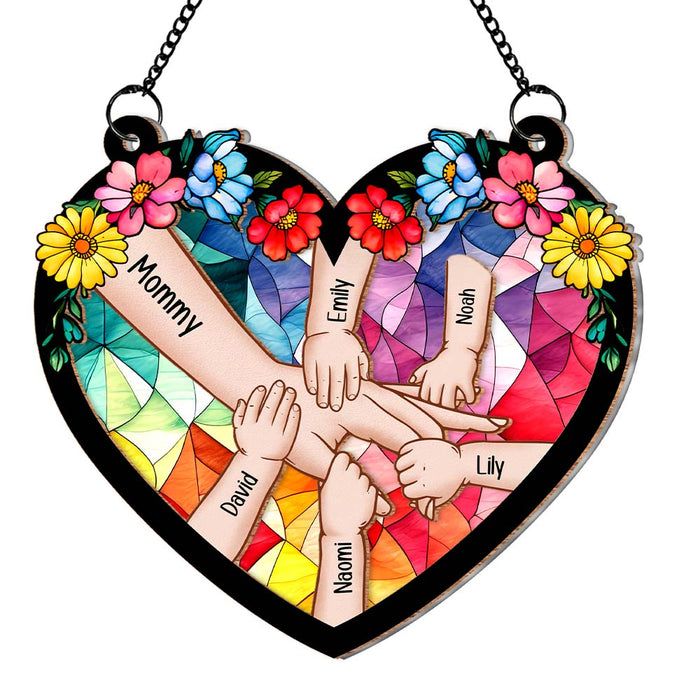 Personalized Gifts For Mom Kids Holding Mom Hand Acrylic Mix Wood Suncatcher Ornament 33008 1