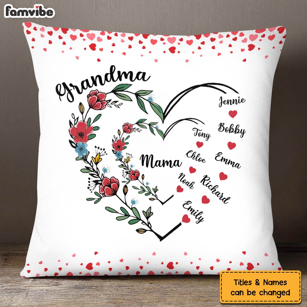 Personalized Gift For Grandma Floral Heart Pillow 33036 Primary Mockup