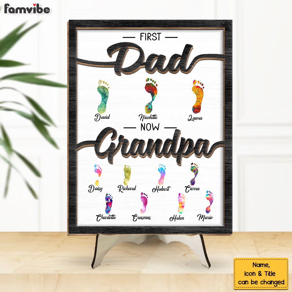 Personalized Gift For Grandpa First Dad Now Papa Footprints 2 Layered Wooden Plaque 33187 Primary Mockup