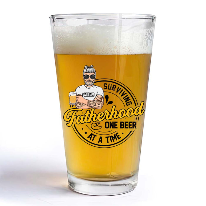 Personalized Gift For Dad Surviving Fatherhood One Beer At A Time Beer Glass 33394 1