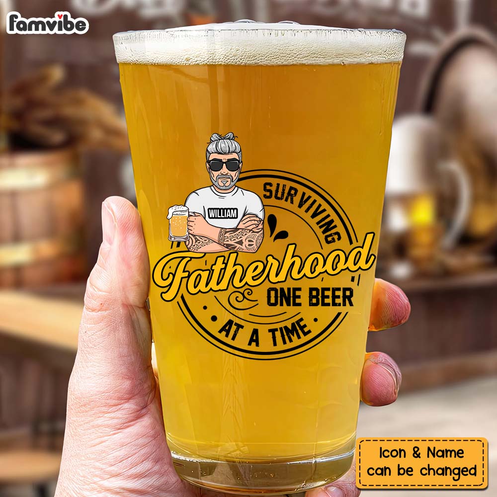 Personalized Gift For Dad Surviving Fatherhood One Beer At A Time Beer Glass 33394 Primary Mockup