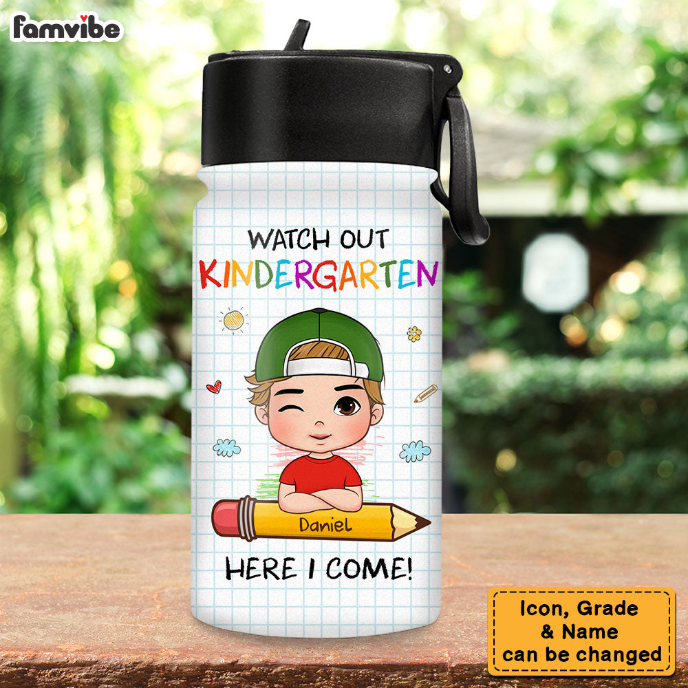 Personalized Back To School First Day Of School Gift For Grandson Watch Out Here I Come Kids Water Bottle 33468 Primary Mockup
