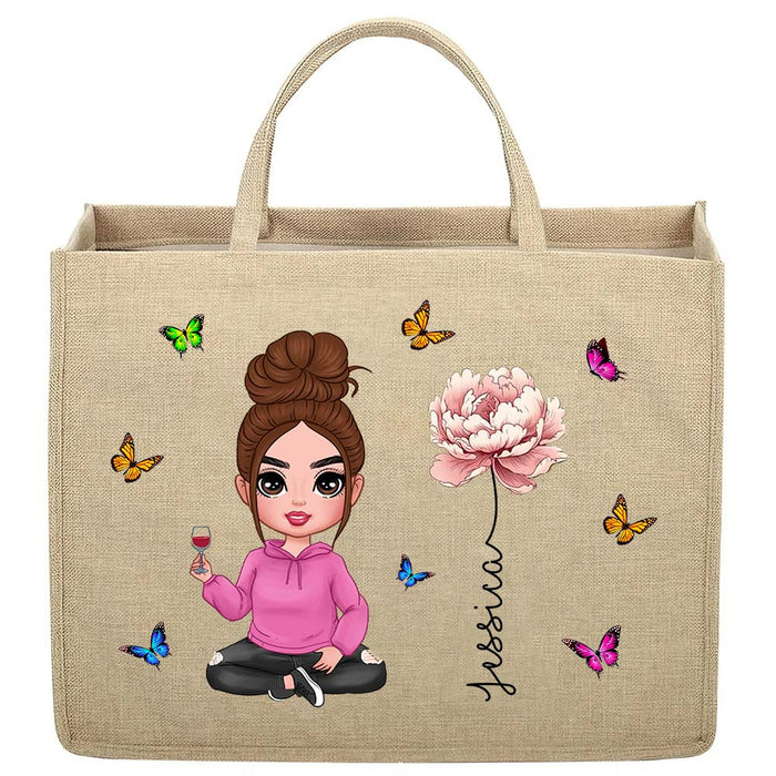 Personalized Girl Birth Flower Linen Jute Shopping Bag 33989 1