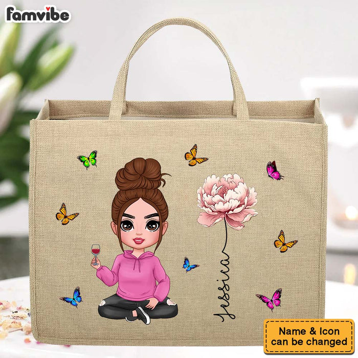 Personalized Girl Birth Flower Linen Jute Shopping Bag 33989 1
