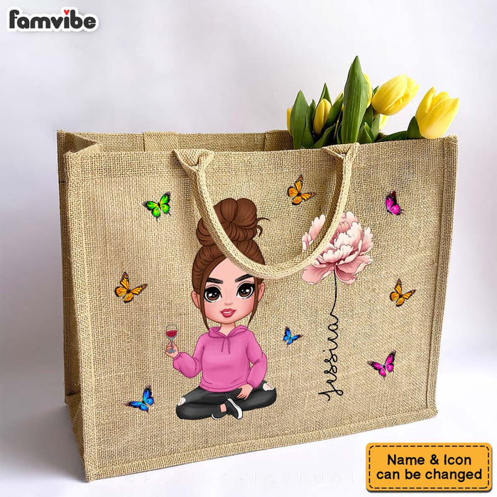Personalized Girl Birth Flower Linen Jute Shopping Bag 33989 1