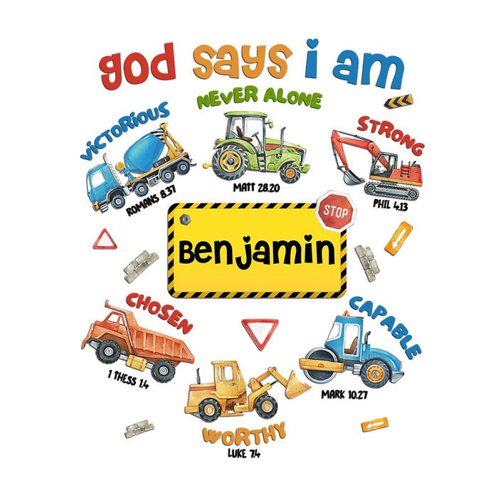 Personalized God Says Kid Name With Construction Machines Decal 34145 1
