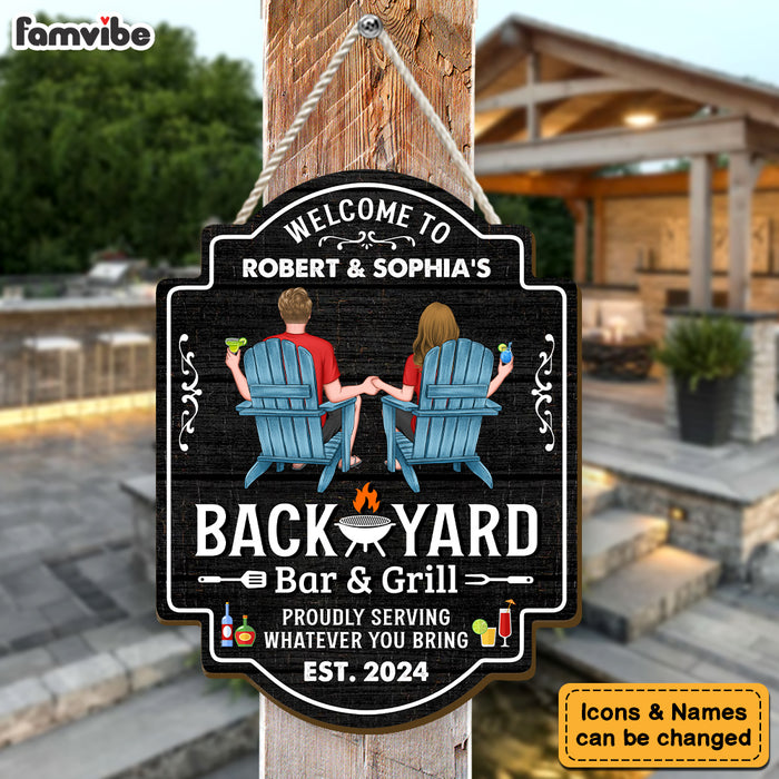 Personalized For Husband Wife Backyard Bar & Grill Couple Sitting Wood Sign 34505 1