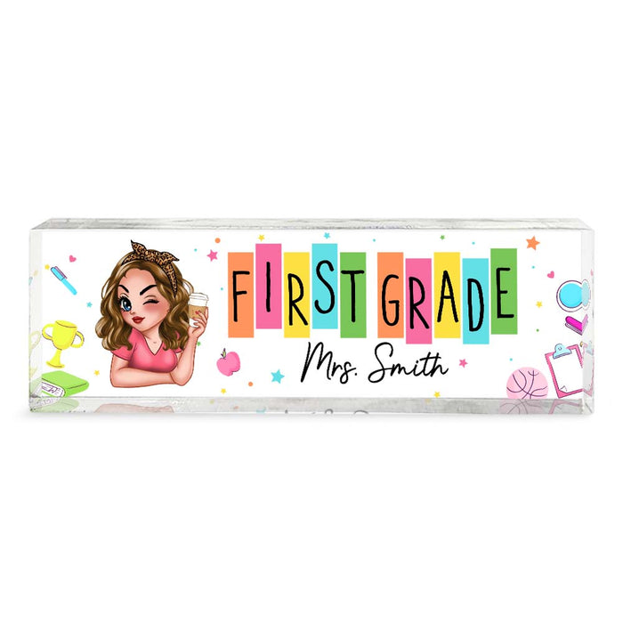 Personalized Retro Back to School Pencil Rainbow Teacher Acrylic Desk Name Plate 34616 1