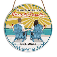 Personalized Gift For Couple Retro Poolside Paradise Round Wood Sign 34821 thumb 1