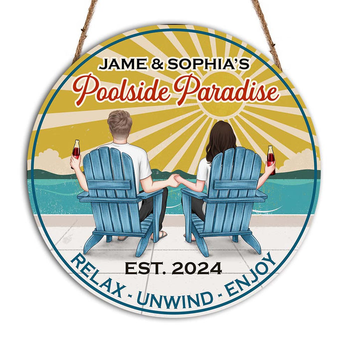 Personalized Gift For Couple Retro Poolside Paradise Round Wood Sign 34821 1