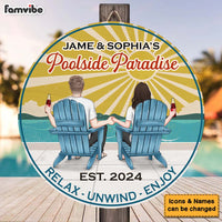 Personalized Gift For Couple Retro Poolside Paradise Round Wood Sign 34821 thumb 1
