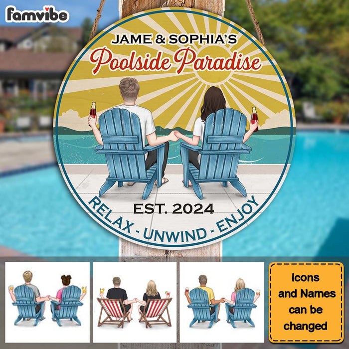 Personalized Gift For Couple Retro Poolside Paradise Round Wood Sign 34821 1