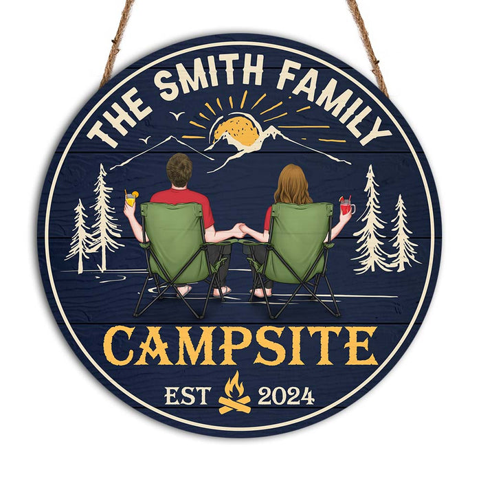 Personalized Gift For Couple Welcome To Our Campsite Round Wood Sign 34833 1