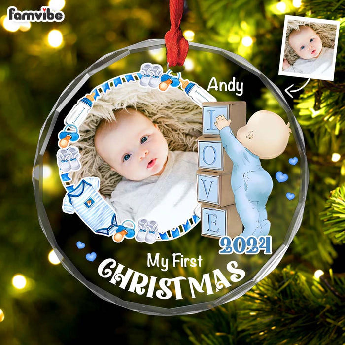 Personalized Gift For Baby First Christmas Circle Glass Ornament