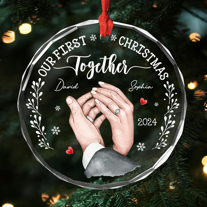 Personalized Gift For Couple Holding Hands Our First Christmas Circle Glass Ornament 35266 1