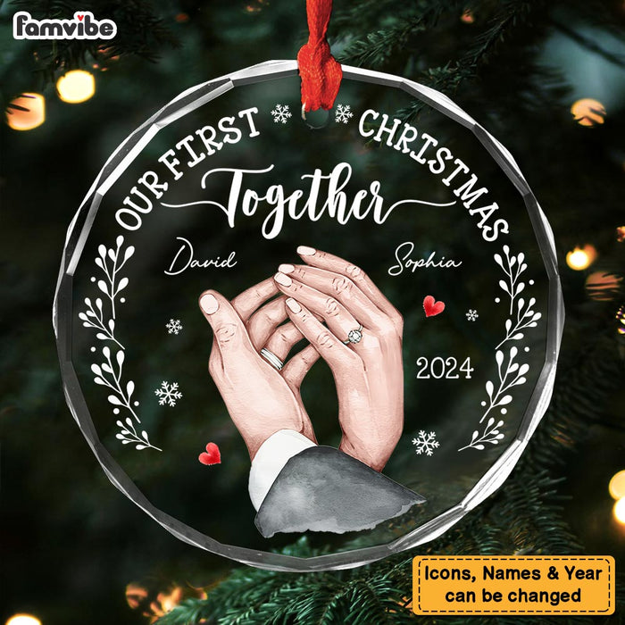 Personalized Gift For Couple Holding Hands Our First Christmas Circle Glass Ornament 35266 1