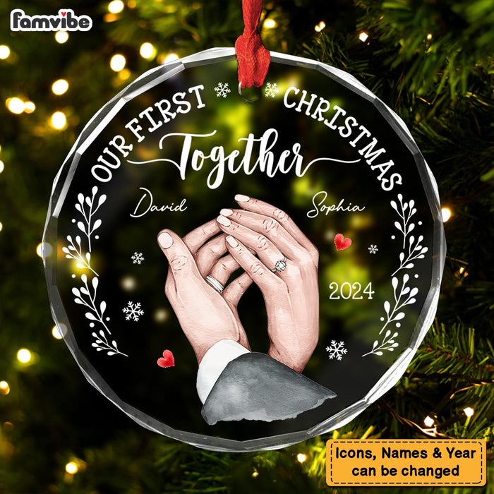Personalized Gift For Couple Holding Hands Our First Christmas Circle Glass Ornament 35266 1