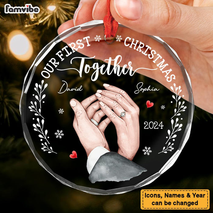 Personalized Gift For Couple Holding Hands Our First Christmas Circle Glass Ornament 35266 1