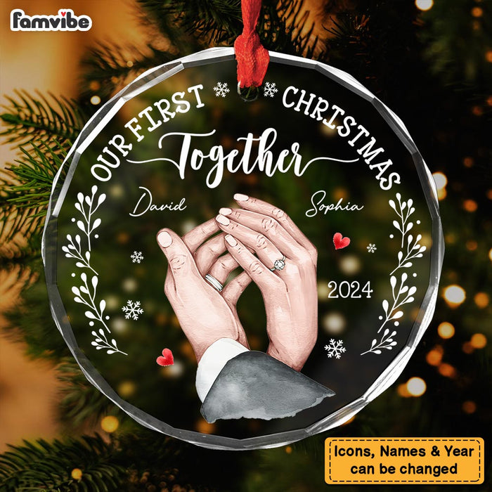 Personalized Gift For Couple Holding Hands Our First Christmas Circle Glass Ornament 35266 1