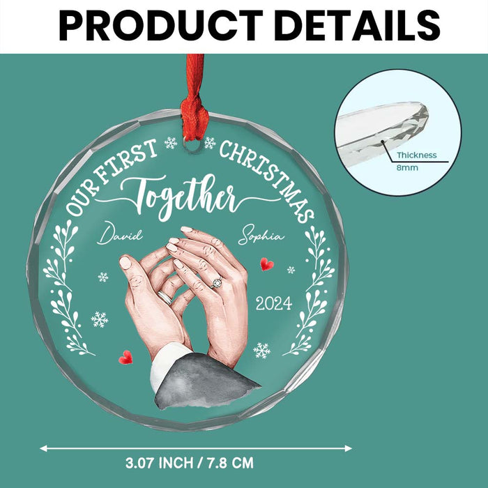 Personalized Gift For Couple Holding Hands Our First Christmas Circle Glass Ornament 35266 1