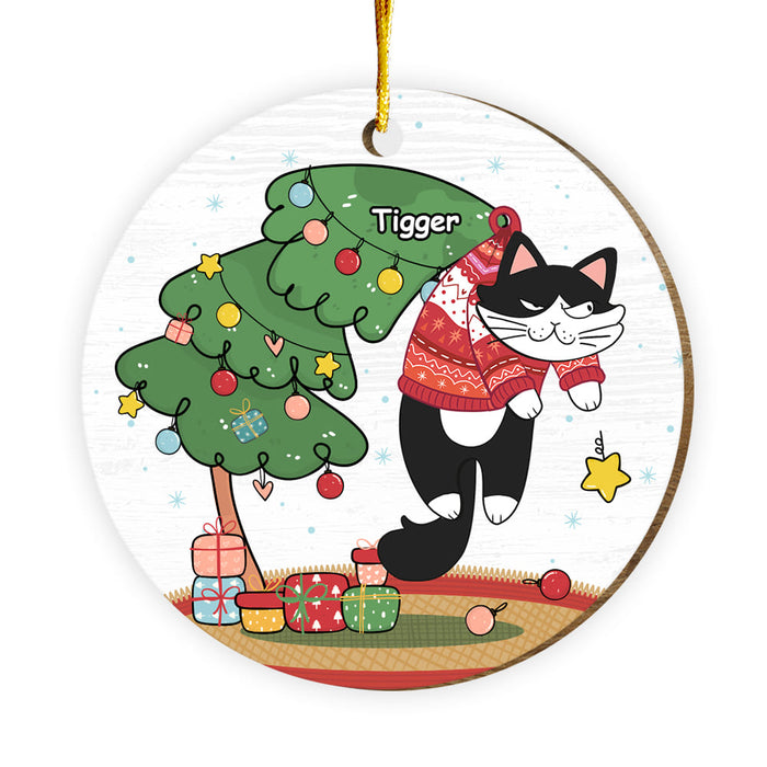 Personalized Cat Hanging On Tree Christmas MDF Circle Ornament35592 1