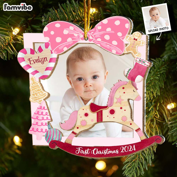 Personalized Baby Girl's First Christmas Rocking Horse 2 Layered Mix Ornament 36094 1