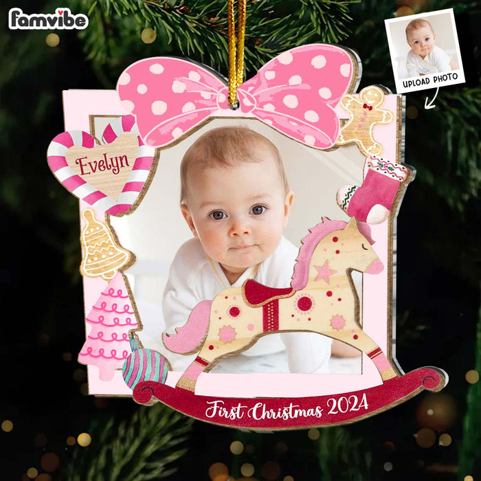 Personalized Baby Girl's First Christmas Rocking Horse 2 Layered Mix Ornament 36094 1
