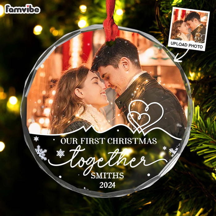 Personalized Couple Photo First Christmas, Endless Love And Joy Circle Glass Ornament 36137 1