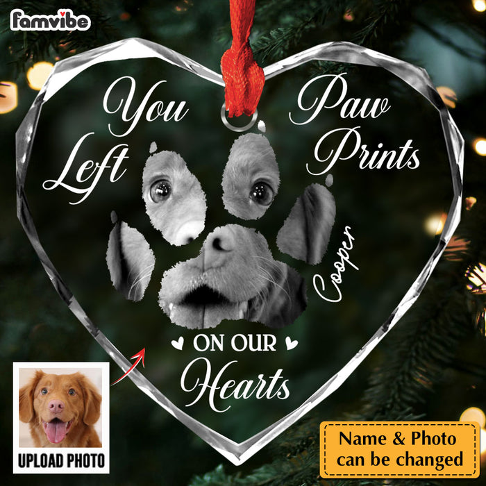 Personalized Memorial Custom Photo Paw Prints On My Heart Heart Glass Ornaments 36390 1