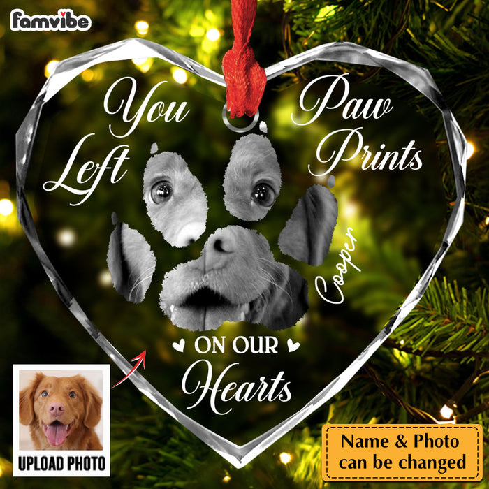 Personalized Memorial Custom Photo Paw Prints On My Heart Heart Glass Ornaments 36390 1