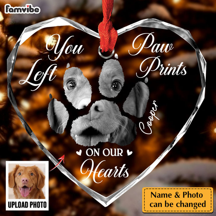 Personalized Memorial Custom Photo Paw Prints On My Heart Heart Glass Ornaments 36390 1