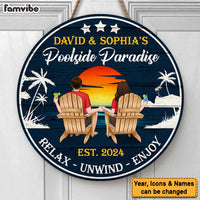 Personalized Gift For Couple Poolside Paradise Round Wood Sign 34272 thumb 1