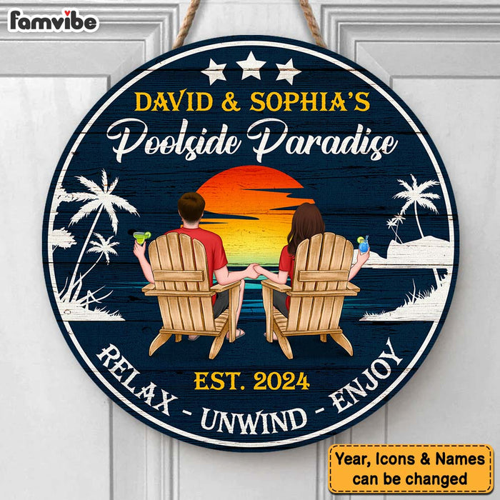 Personalized Gift For Couple Poolside Paradise Round Wood Sign 34272 1