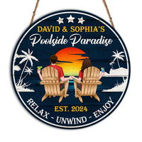 Personalized Gift For Couple Poolside Paradise Round Wood Sign 34272 thumb 1