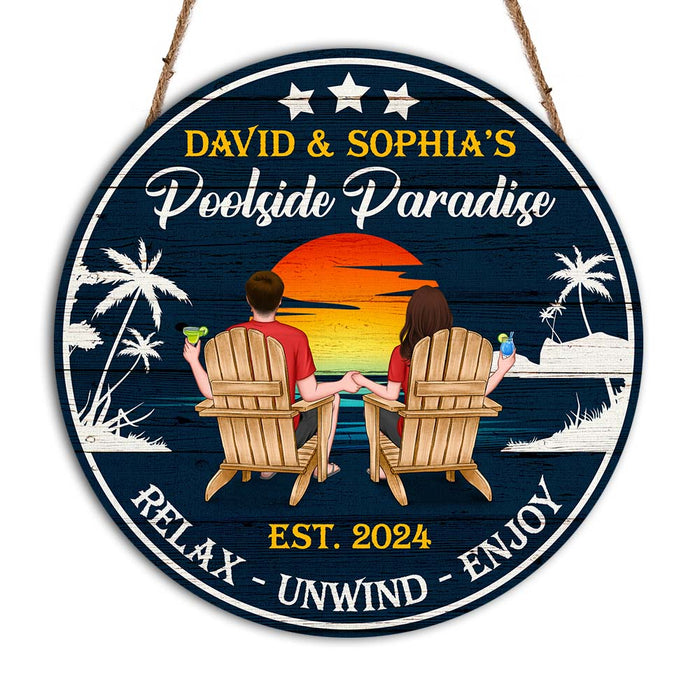 Personalized Gift For Couple Poolside Paradise Round Wood Sign 34272 1