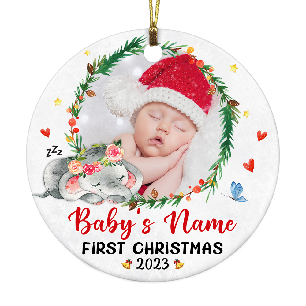 Personalized Baby Elephant First Christmas Circle Ornament NB161 95O57