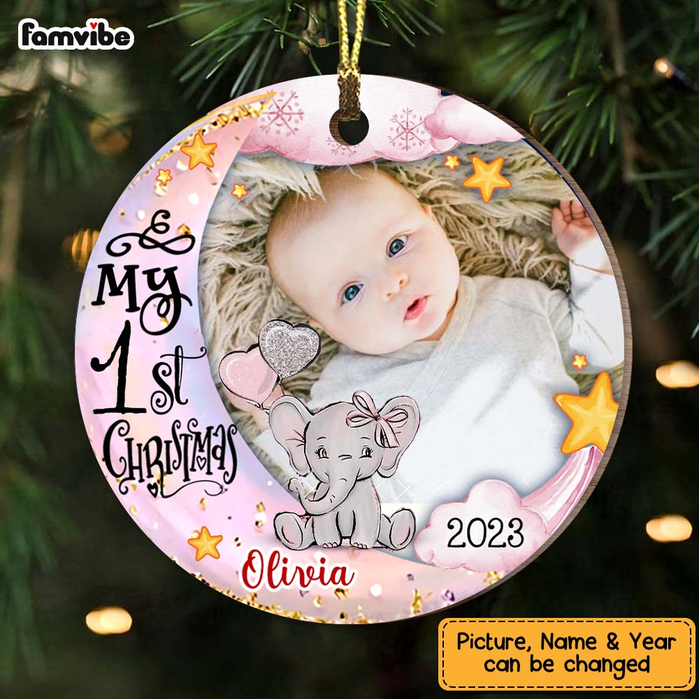 Personalized Baby's First Christmas Elephant Photo Circle Ornament NB12 23O58